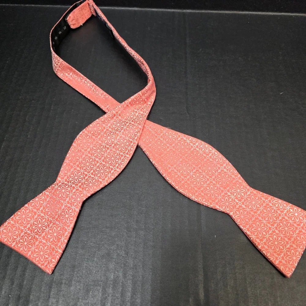 Tie Bar Bow Tie Mens Peach‎ Coral Pink Floral Medallion Silk Self-Tie Adjustable